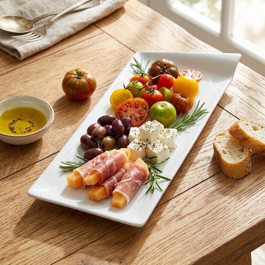 Platter of assorted meats, cheeses, and vegetables on a wooden table with a bowl of oil and bread.