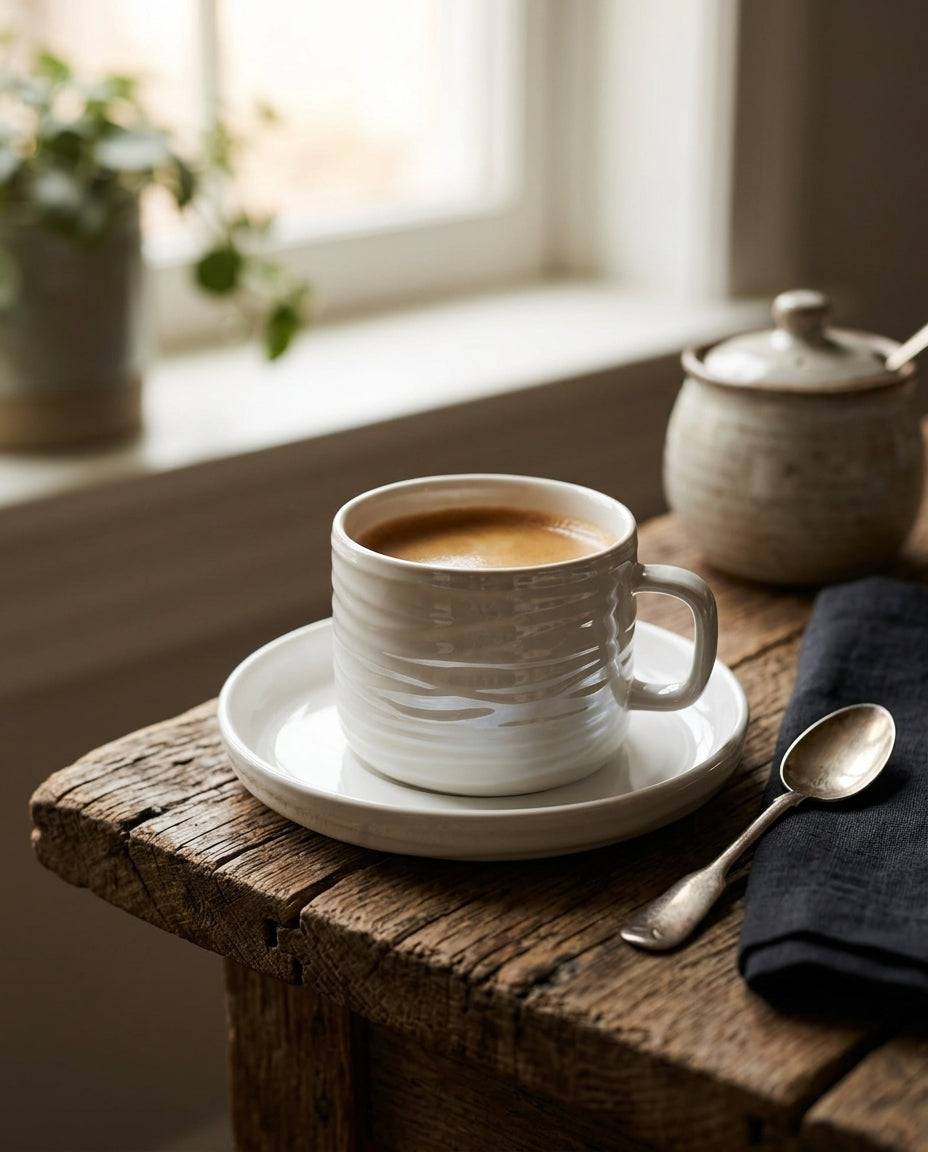 A white textured ceramic coffee mug filled with coffee on a matching saucer, set on a rustic wooden table next to a spoon and dark napkin, with a softly blurred window and plant in the background.