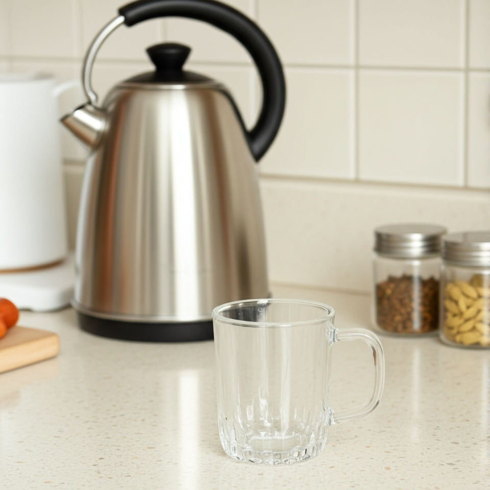 Clear glass mug on a kitchen counter with a stainless steel kettle and jars in the background.
