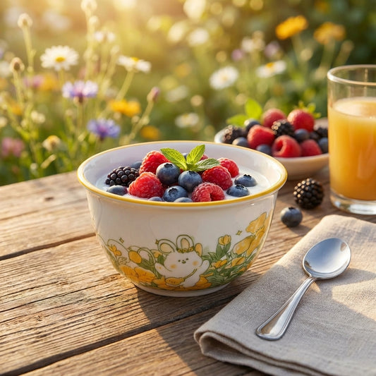 Bowl of berries on a wooden table with a glass of juice and spoon, set against a natural background.