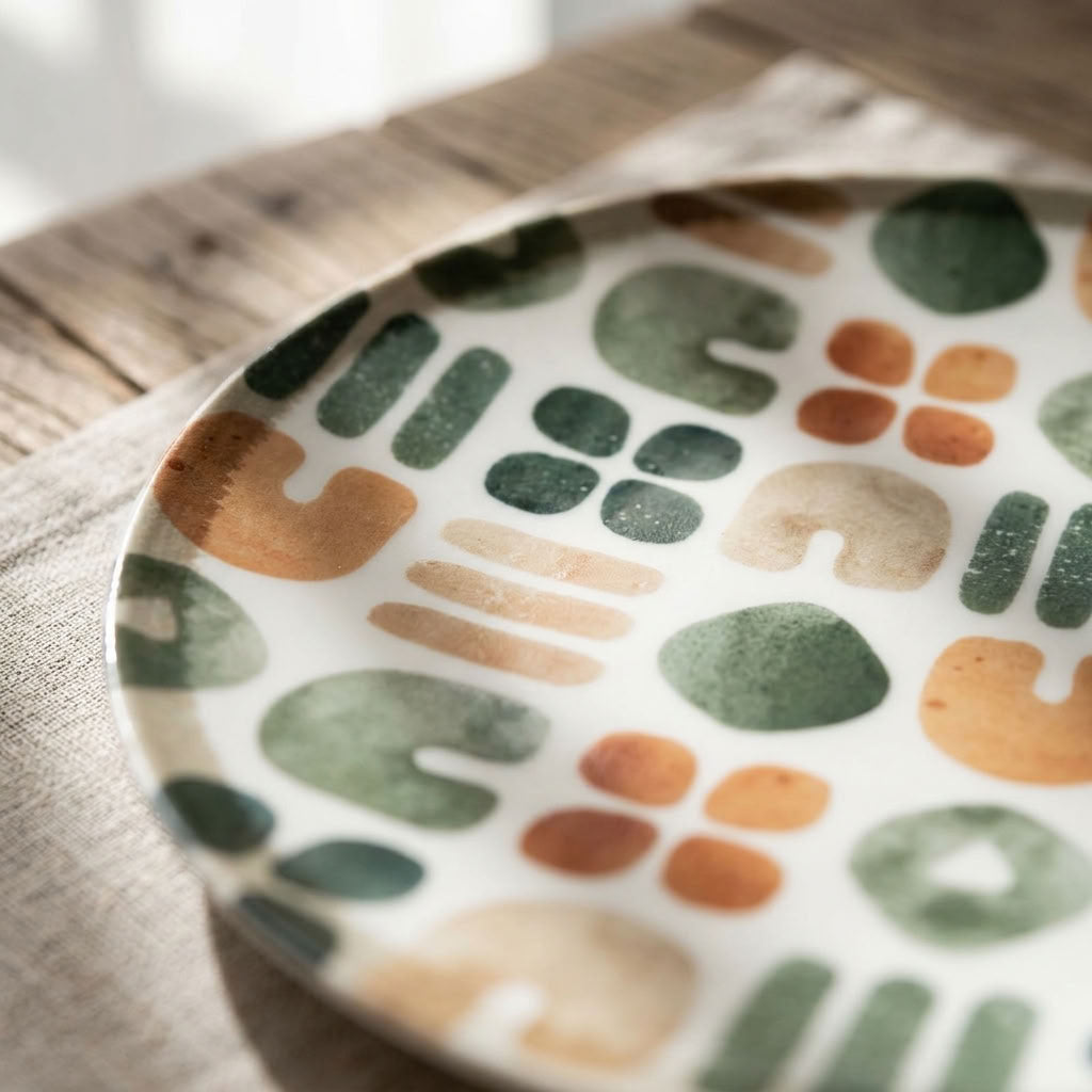 A close-up of a ceramic plate with a white base and a colorful abstract pattern of organic shapes in green, beige, and terracotta orange, resting on a linen napkin over a rustic wooden surface.