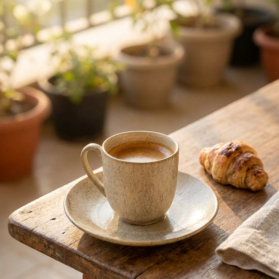 Cup of coffee on a saucer with a croissant on a wooden table outdoors.