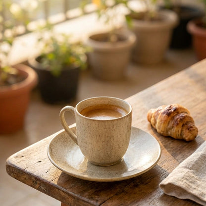Cup of coffee on a saucer with a croissant on a wooden table outdoors.
