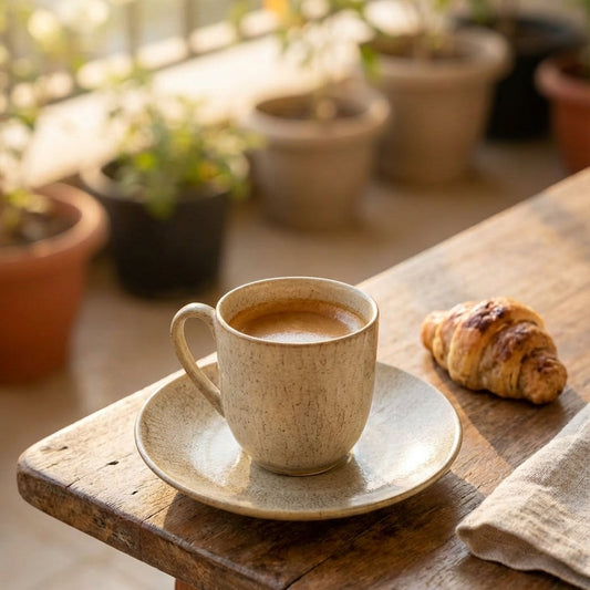 Cup of coffee on a saucer with a croissant on a wooden table outdoors.
