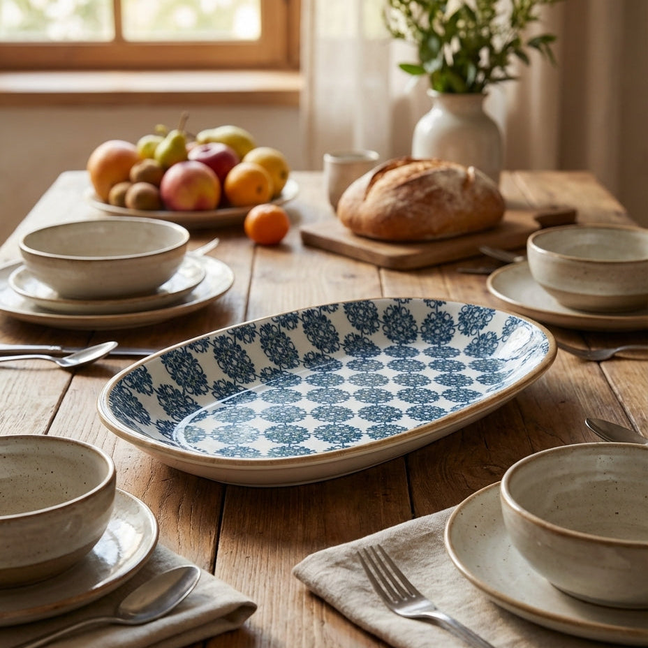 Dining table setting with ceramic plates and bowls on a wooden surface.