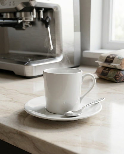 White coffee cup with steam rising, placed on a saucer with a spoon next to an espresso machine.