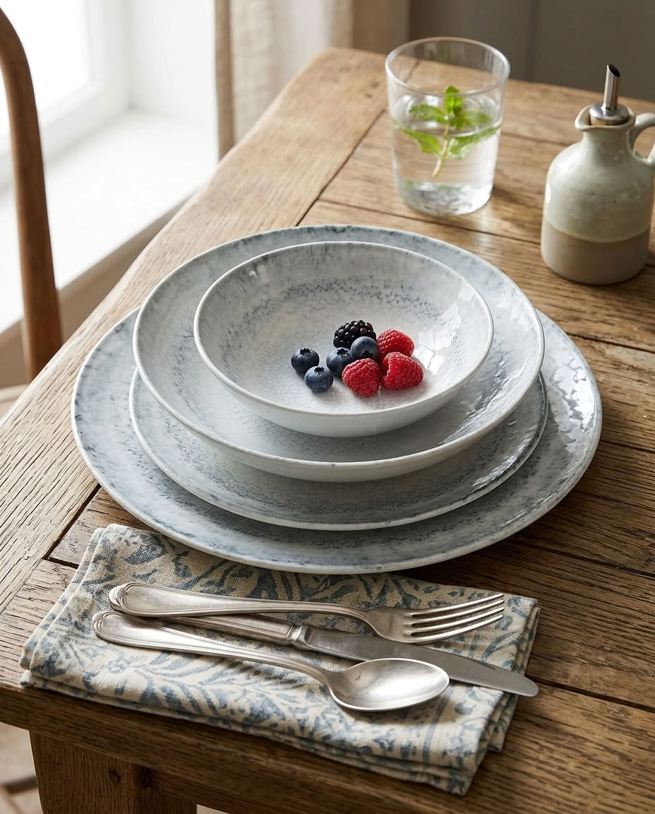 A place setting on a rustic wooden table featuring a stack of textured ceramic plates in a muted blue-gray color, a matching patterned napkin with silver cutlery, and a small bowl filled with berries.