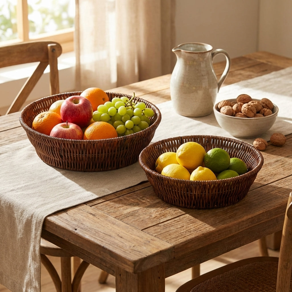 Fruit bowls on a wooden table with a pitcher and bowl of nuts.