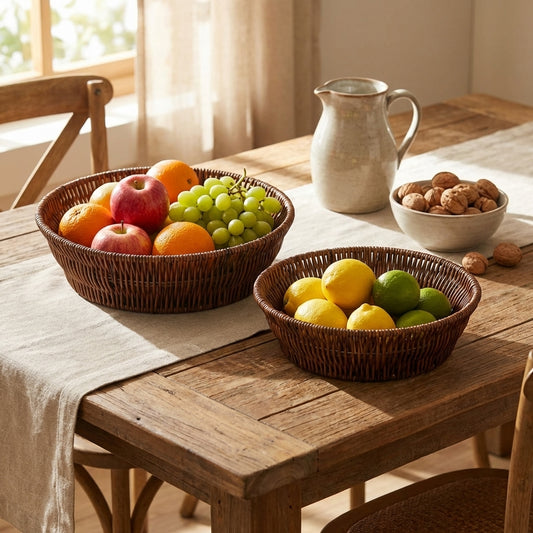 Fruit bowls on a wooden table with a pitcher and bowl of nuts.