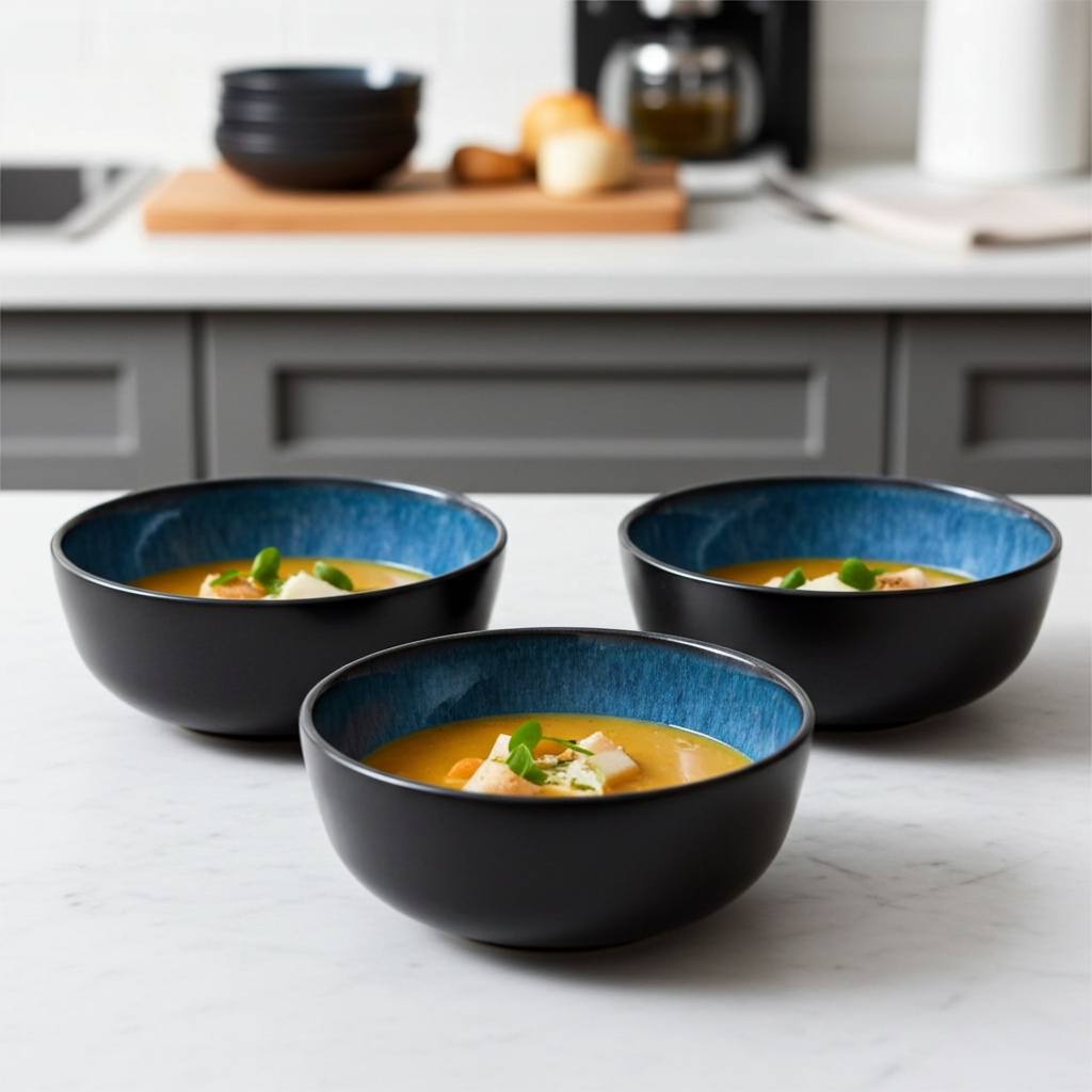 Three black bowls with blue interior rims filled with soup on a kitchen counter.