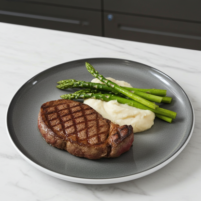 Steak with mashed potatoes and asparagus on a gray plate
