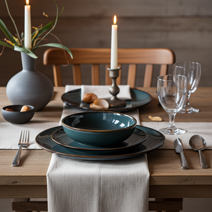 Dining table setting with blue ceramic plates, silverware, and candles on a wooden table.
