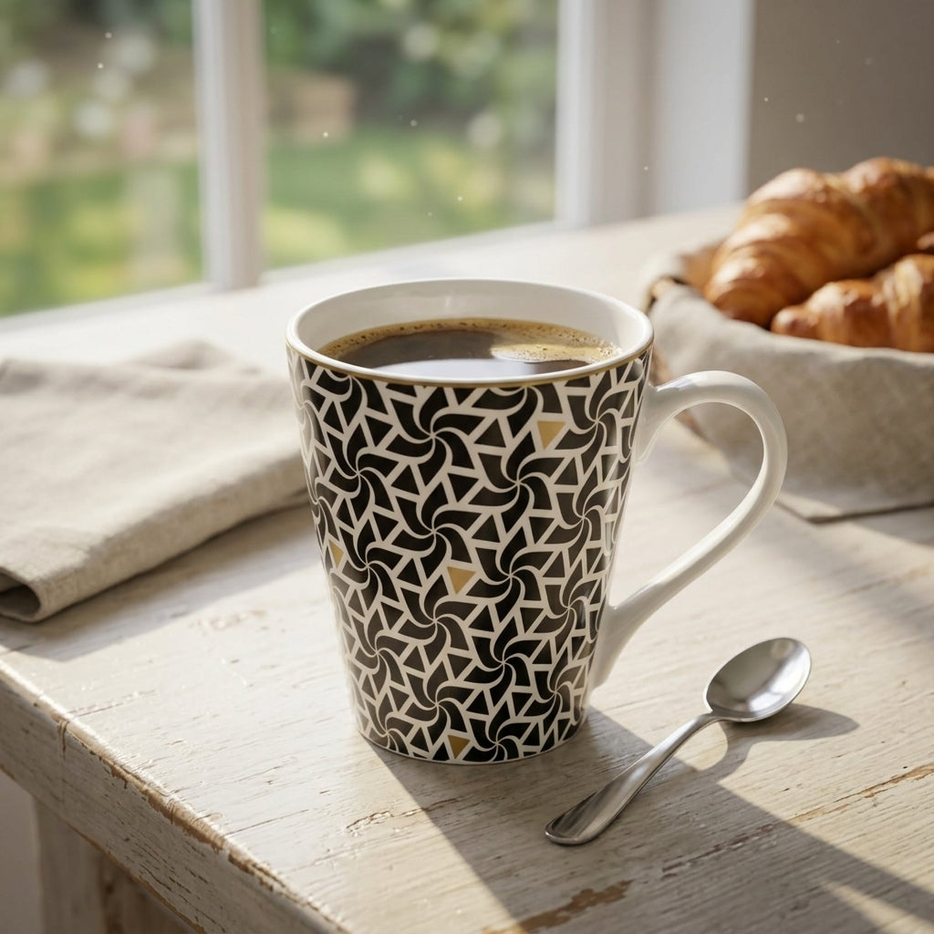 Patterned mug with coffee on a wooden table with croissants and a spoon.