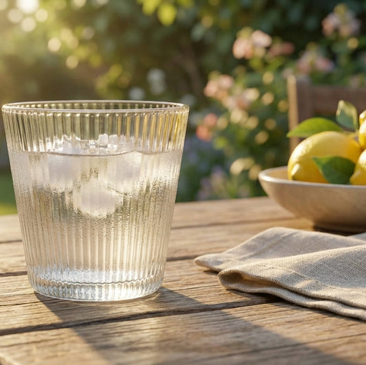 Clear glass of water with lemon slices on a wooden table outdoors.