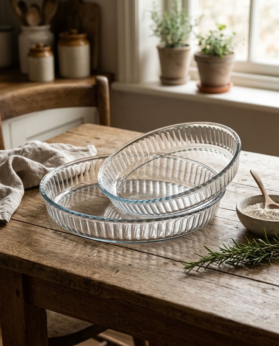 Two clear ribbed glass baking dishes in a kitchen