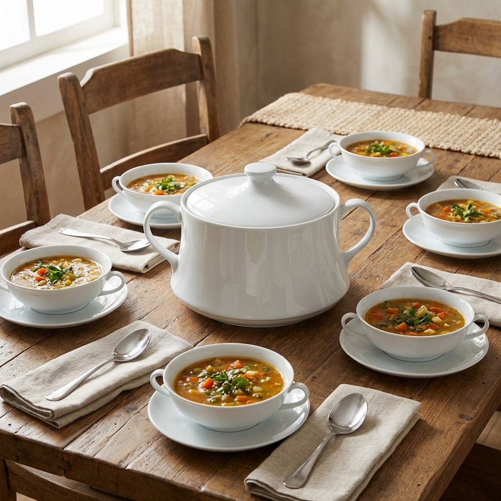 White ceramic soup tureen with ladle on a wooden table with bowls of soup.