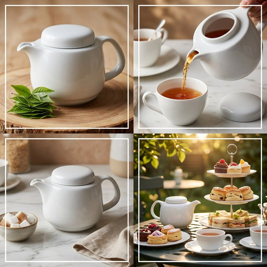 A four-panel collage showing a white ceramic teapot with lid in various tea-time settings: on a wooden board with mint, pouring tea into a cup, beside a marble surface, and in a garden tea party scene with pastries and cups.