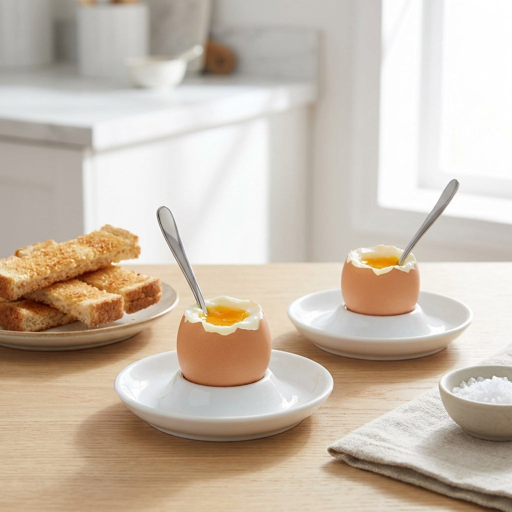 Eggs in shells with spoons on white plates on a wooden table, with toast in the background.