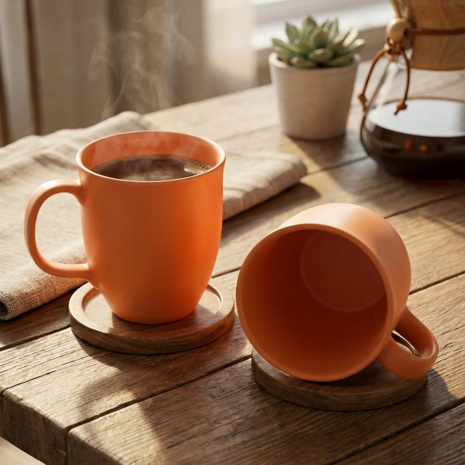 Two orange mugs on a wooden table with steam rising from one of them, a plant, and a coffee maker in the background.