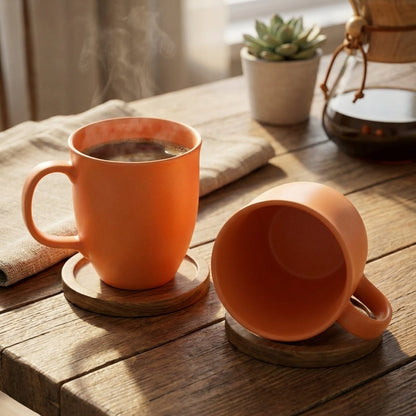 Two orange mugs on a wooden table with steam rising from one of them, a plant, and a coffee maker in the background.