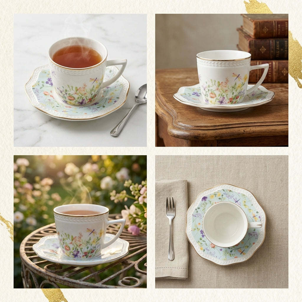 A four-panel collage showing a white ceramic teacup and saucer set with a delicate pastel floral print and gold trim, styled in different real-world settings: on a marble surface with tea, on a wooden table with books, outdoors in a garden, and on a beige tablecloth with cutlery.