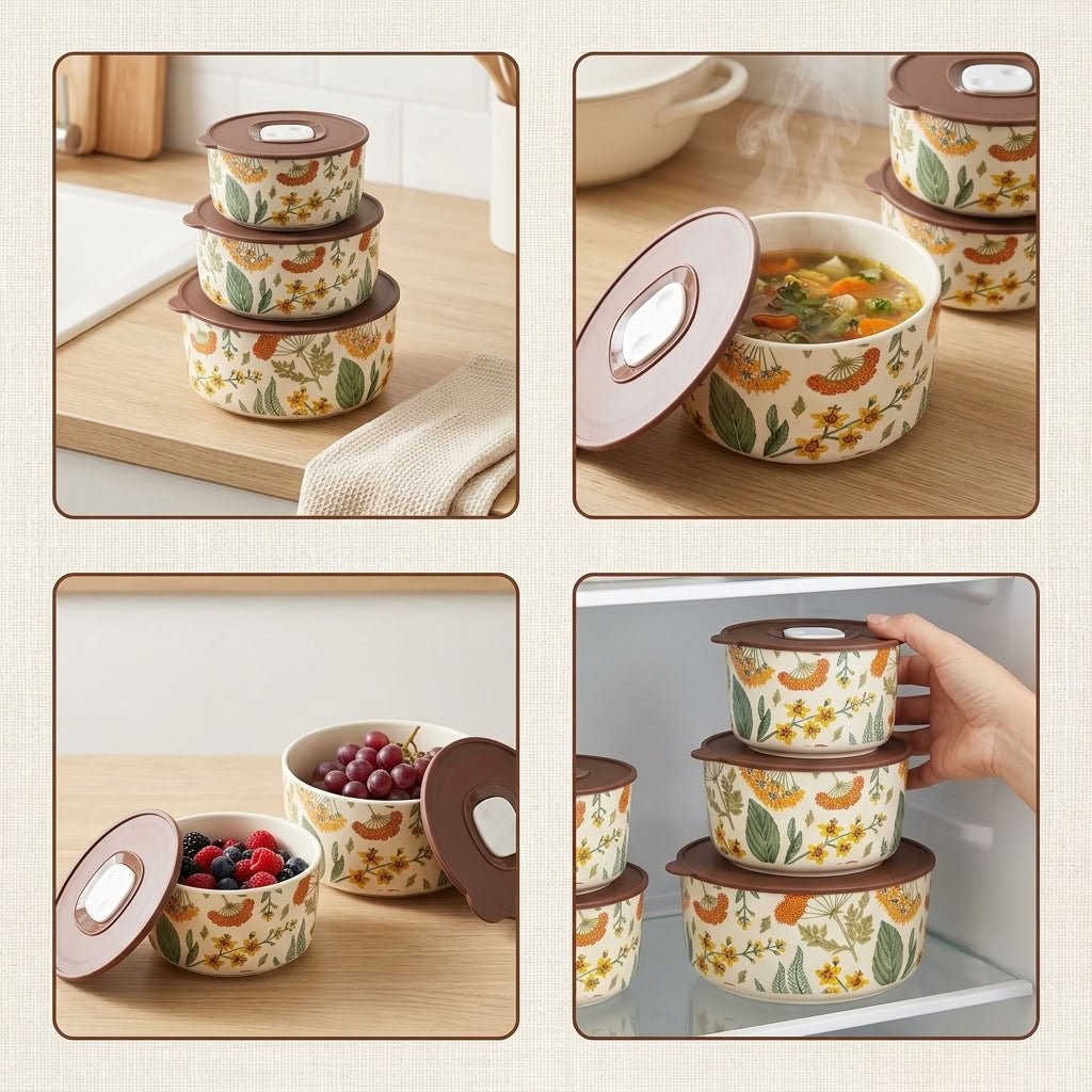 Four-panel collage showing a set of round glass storage containers with floral prints and brown lids, used for meals, fruit, and storage in a refrigerator. A hand is visible in one panel holding a stack of containers.