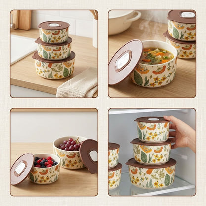 Four-panel collage showing a set of round glass storage containers with floral prints and brown lids, used for meals, fruit, and storage in a refrigerator. A hand is visible in one panel holding a stack of containers.