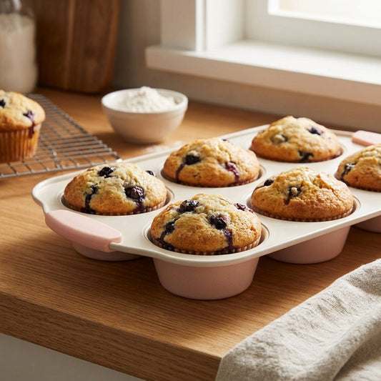 A silicone muffin tin with pale pink handles and cups, filled with blueberry muffins, set on a wooden kitchen counter near a window.