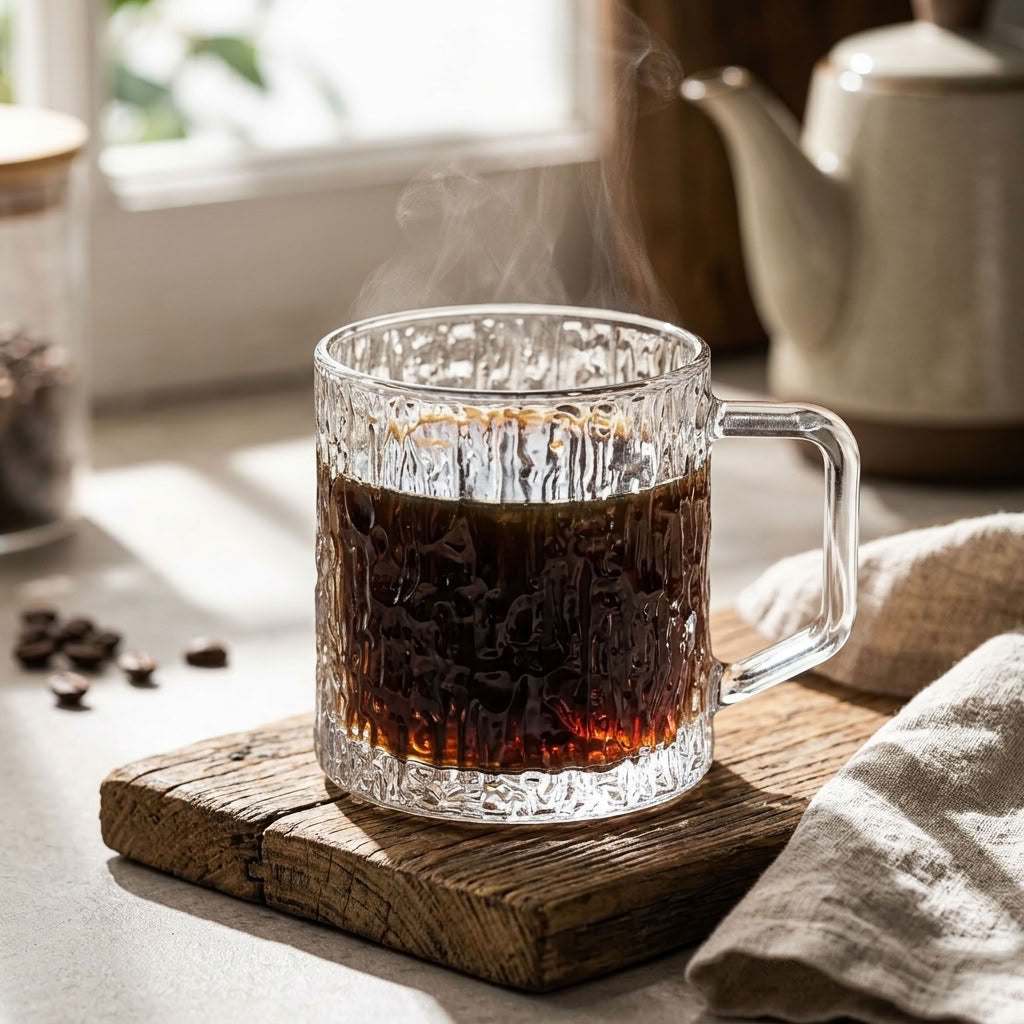 Rainfall Glass Mug – 355ml Set of 6 | Modern Clear Drinking Mugs
