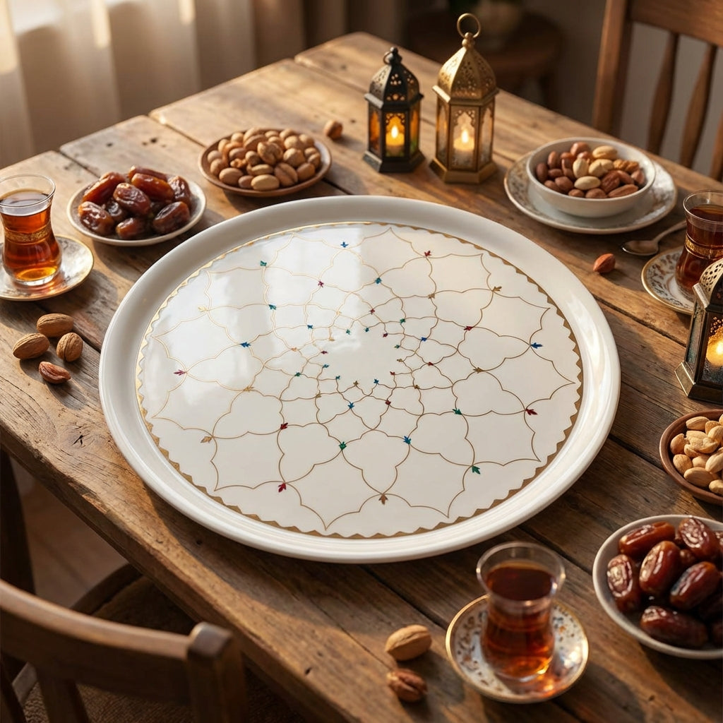 Decorative tray on a wooden table with tea, dates, and nuts.