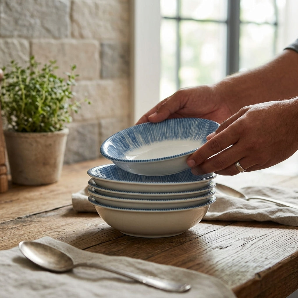 A person's hands are shown stacking a set of ceramic bowls on a rustic wooden table in a kitchen setting. The bowls are off-white with a blue textured rim and a blue stripe pattern around the outer edge.