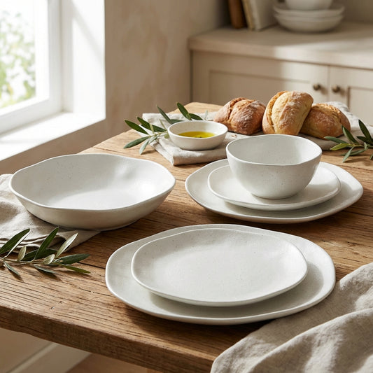 Set of white ceramic dishes on a wooden table with bread and olive branches.