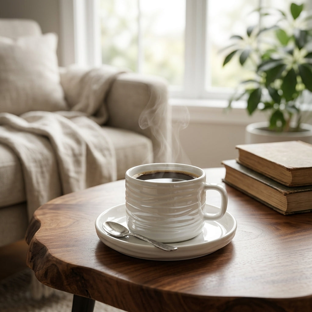 A white textured ceramic coffee mug filled with black coffee sits on a matching saucer with a spoon, placed on a wooden table in a cozy living room setting with a sofa, books, and a plant in the background.