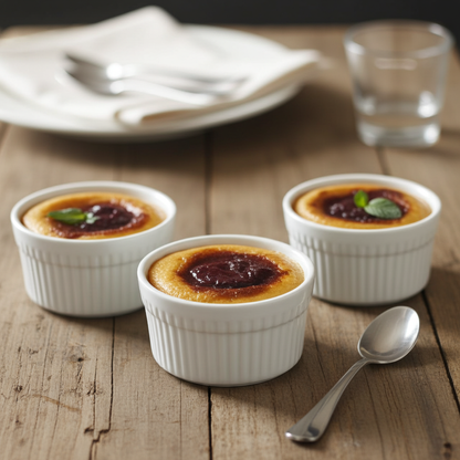 Three ramekins of creme brèleé on a wooden table with a spoon and glasses in the background.