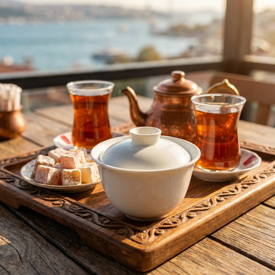 Tea set with teacup, teapot, and glasses on a wooden tray with a scenic background.