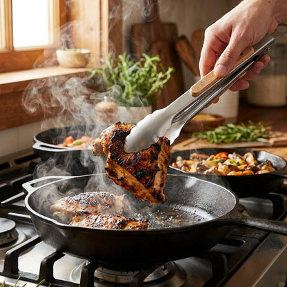 Person using tongs to handle food in a frying pan on a stove with a kitchen background.