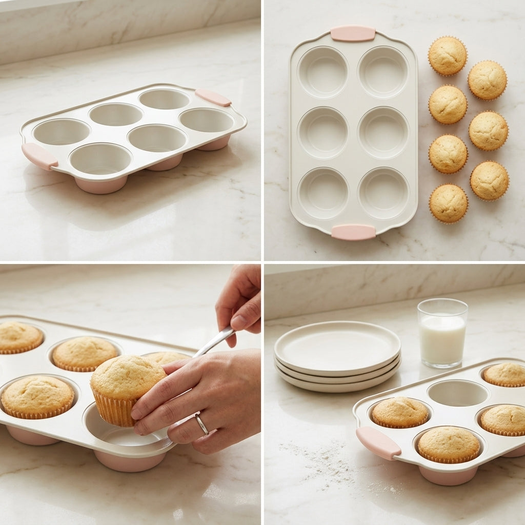 A 6-cup silicone muffin pan shown in a four-panel collage on a light marble surface. The top-left panel shows the empty pan, the top-right panel shows the pan with baked muffins and plates, the bottom-left panel shows hands removing a muffin, and the bottom-right panel shows the pan with baked muffins and a glass of milk.