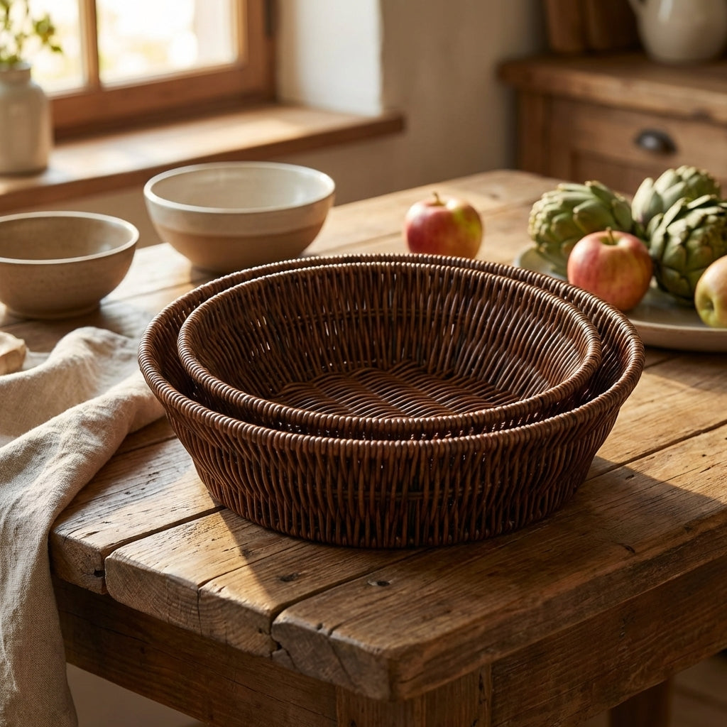 Wicker baskets on a wooden table with apples and artichokes in the background.