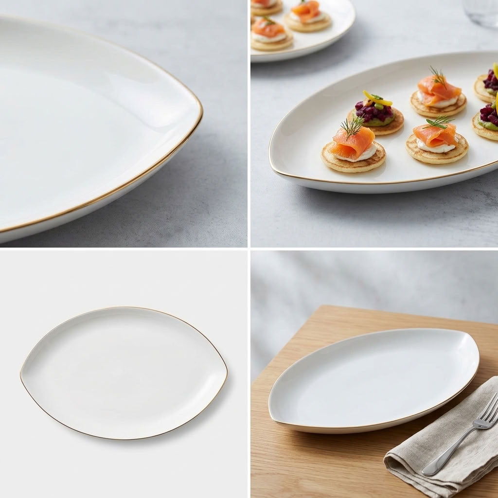 A collage showing a white oval serving platter with a thin gold rim in multiple settings: close-up of the empty platter, plated appetizers on the dish, and the platter on a wooden board with a folded napkin and fork.