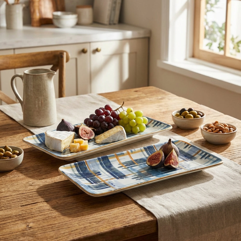 Dining table set with cheese platter, fruits, and snacks in a bright kitchen.