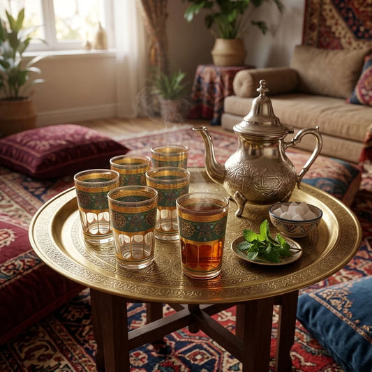 Moro Mosaic Tea Glasses – Set of 6 (Green) – طقم كاسات شاي مزخرفة بالأخضر وتفاصيل ذهبية، 6 قطع