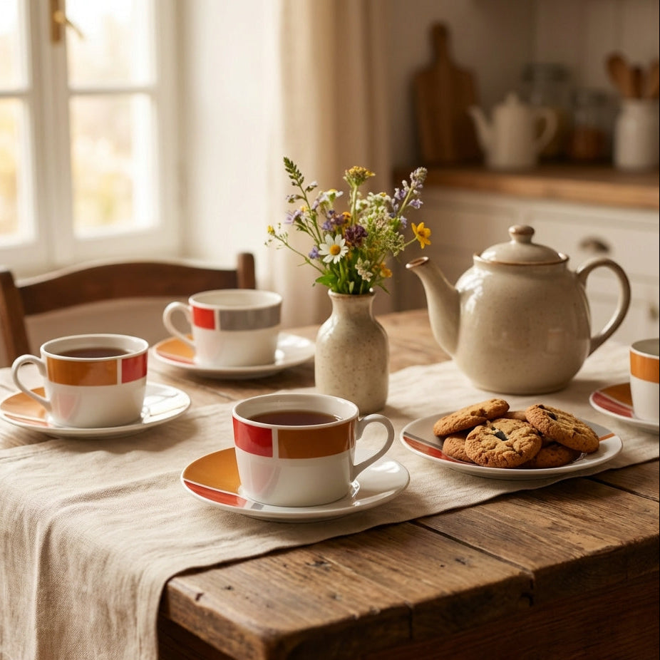 Café setting with cups, teapot, cookies, and flowers on a wooden table.