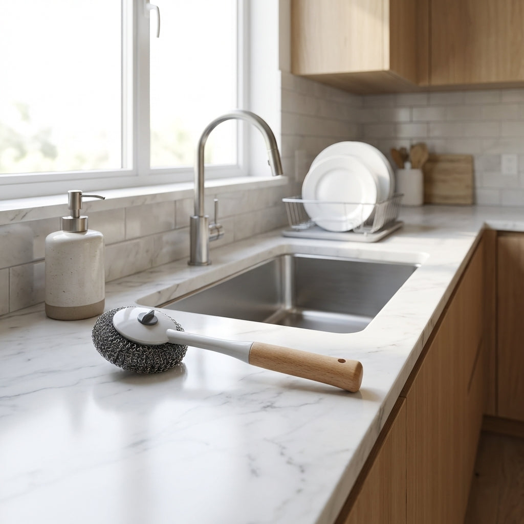 Cleaning brush on a kitchen counter with a sink and window in the background