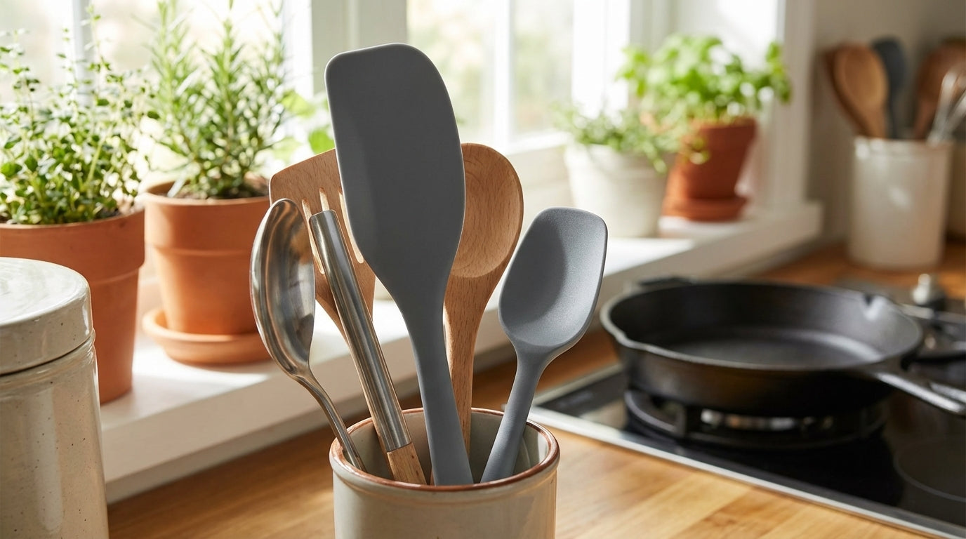 Kitchen utensils in a holder on a kitchen counter with plants and a stove in the background