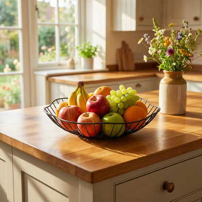 Fruit bowl on a wooden kitchen counter with a vase of flowers