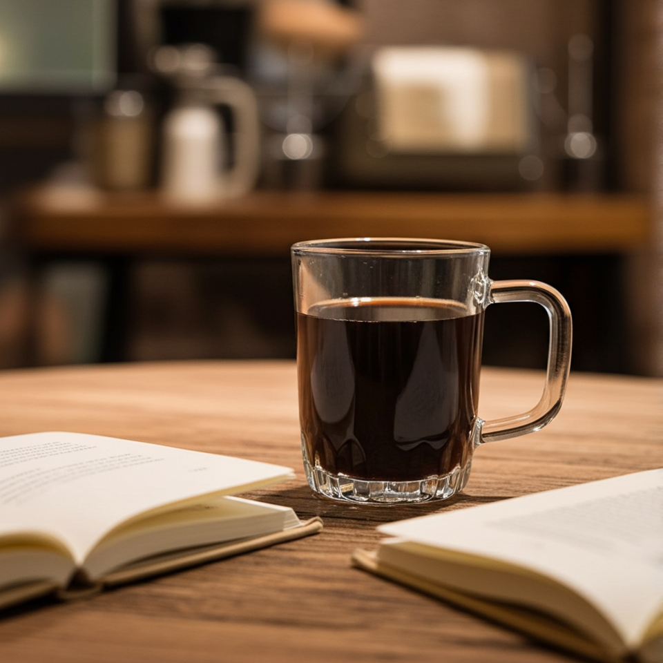 Clear glass mug with dark liquid on a wooden table with books, blurred kitchen background