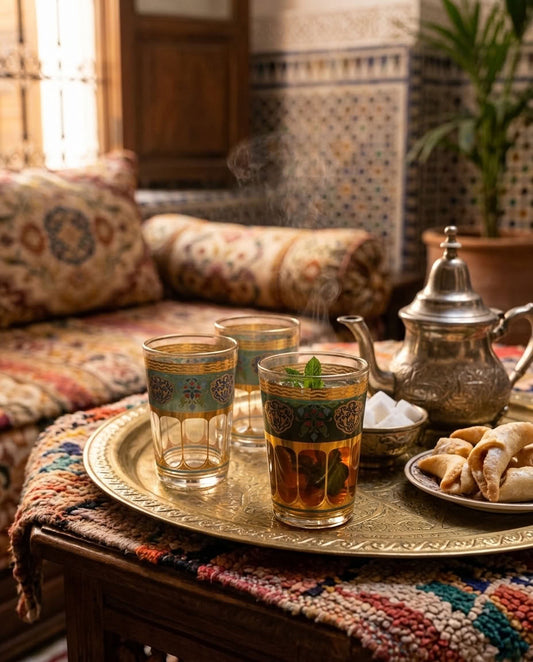 Moro Mosaic Tea Glasses – Set of 6 (Green) – طقم كاسات شاي مزخرفة بالأخضر وتفاصيل ذهبية، 6 قطع