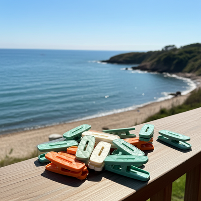 Colorful clothespins on a wooden surface with a beach and ocean in the background