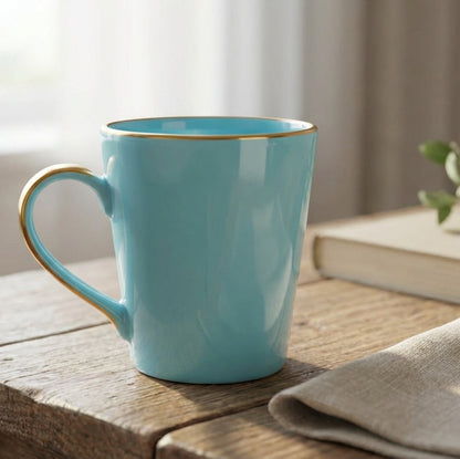 Blue mug on a wooden surface with a soft focus background