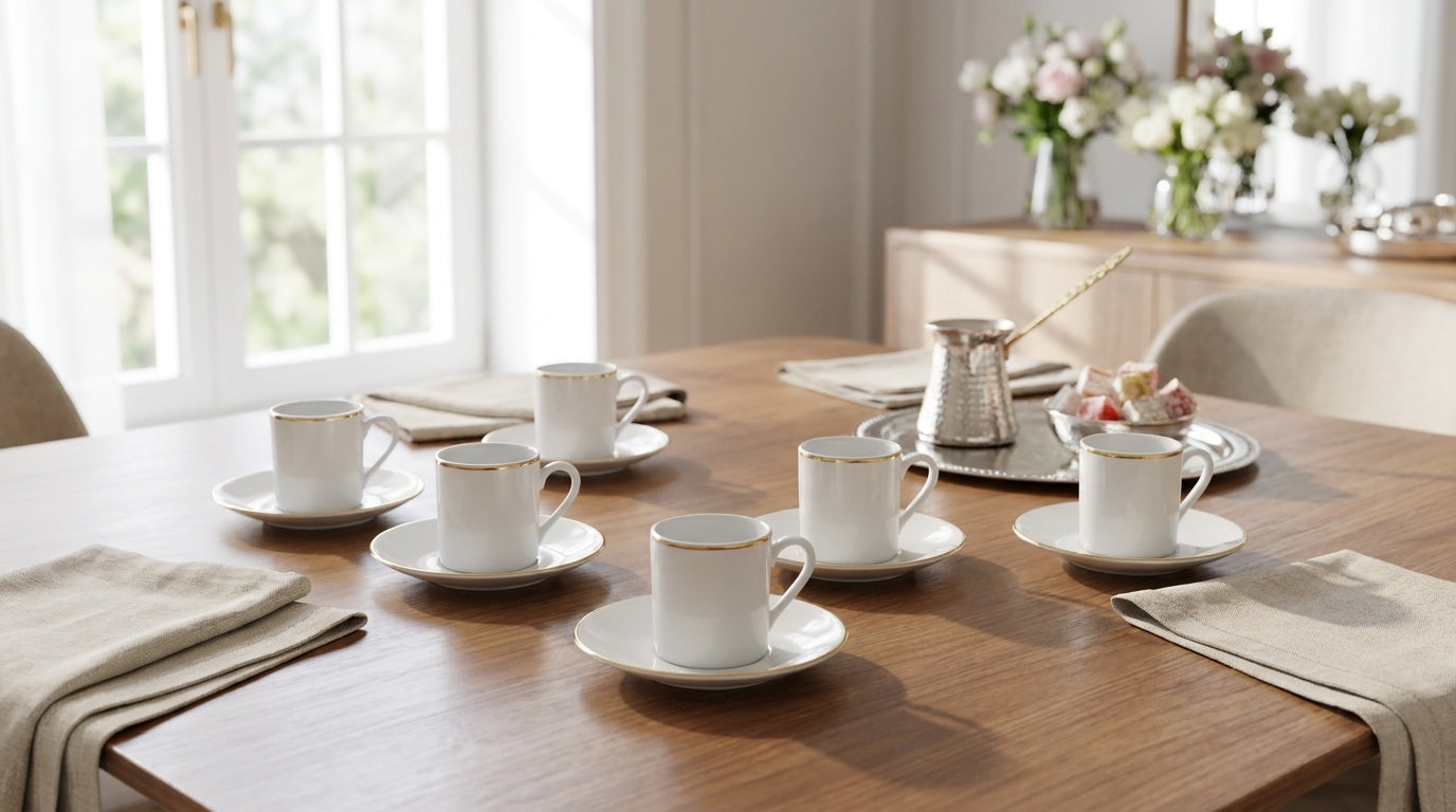 Set of white coffee cups and saucers on a wooden table with a neutral background
